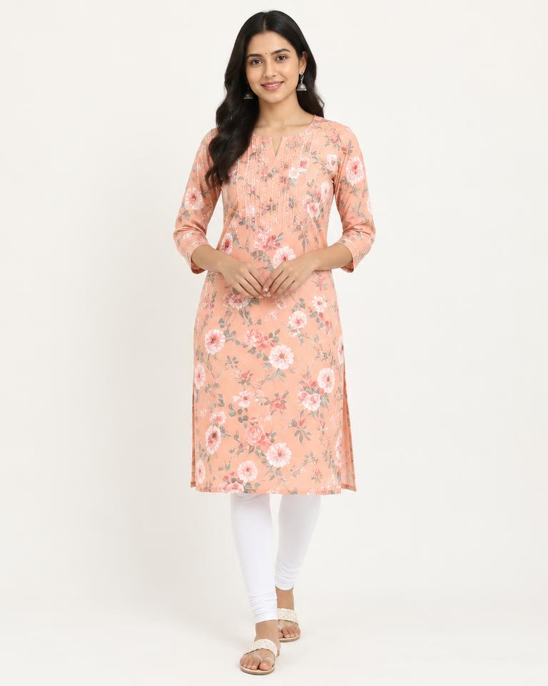 Women's Peach Floral Printed Kurti - HANUMAN FABRICS