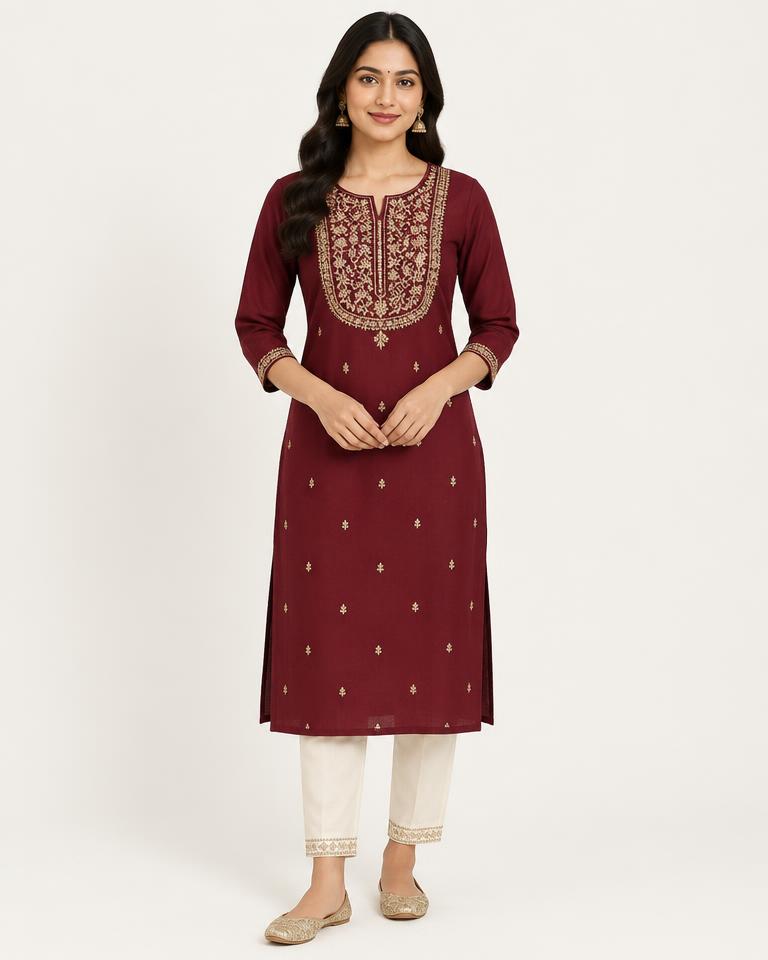 Women's Maroon Embroidered Kurti - HANUMAN FABRICS