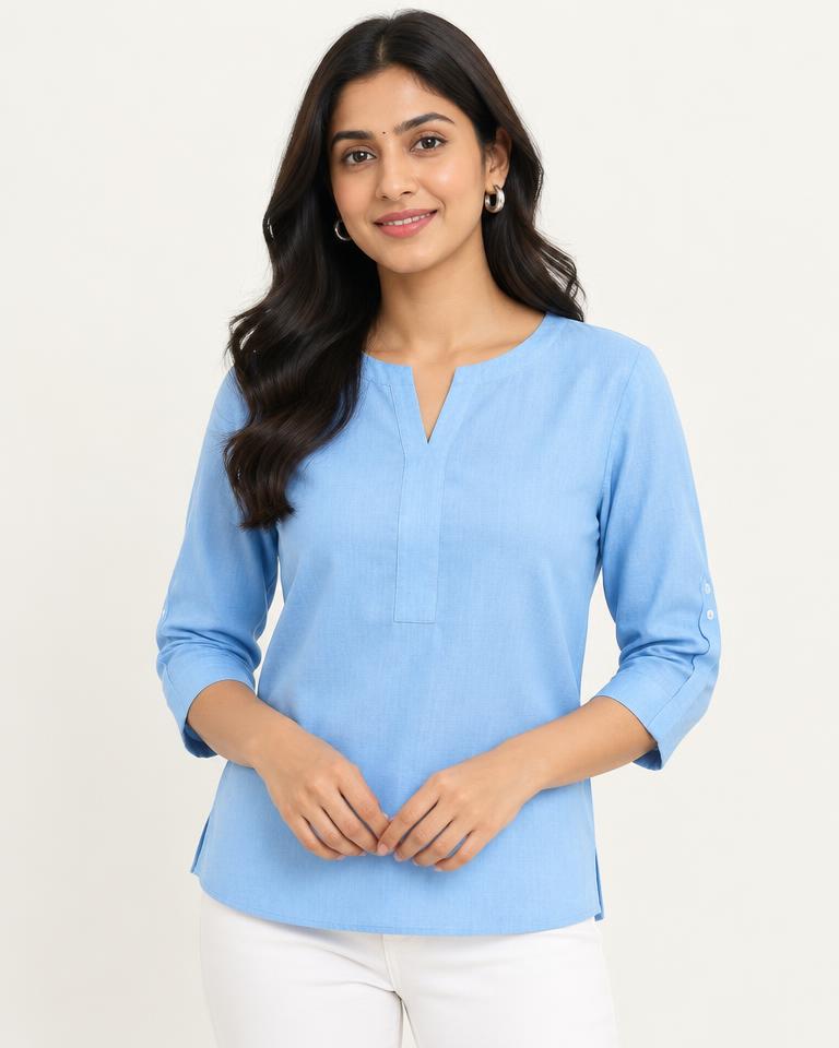 Women's Sky Blue Cotton Top - HANUMAN FABRICS